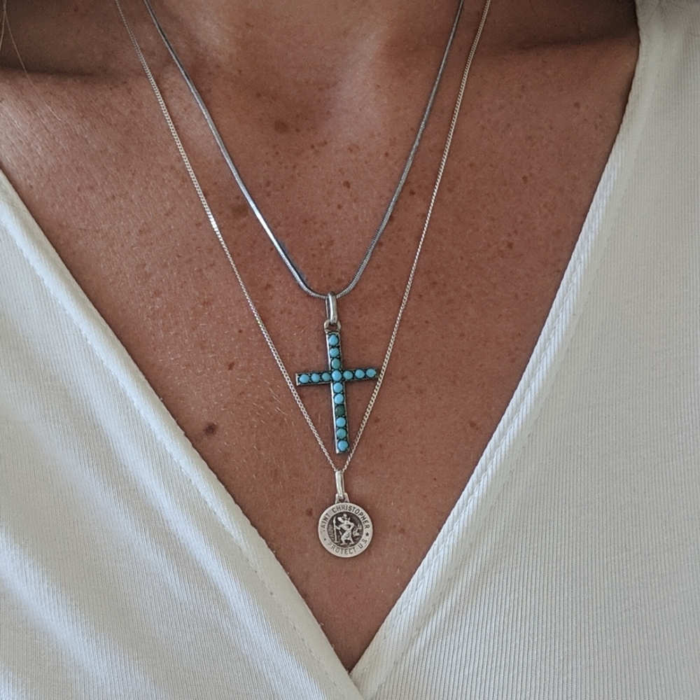 Silver Cross necklace with turquoise stones